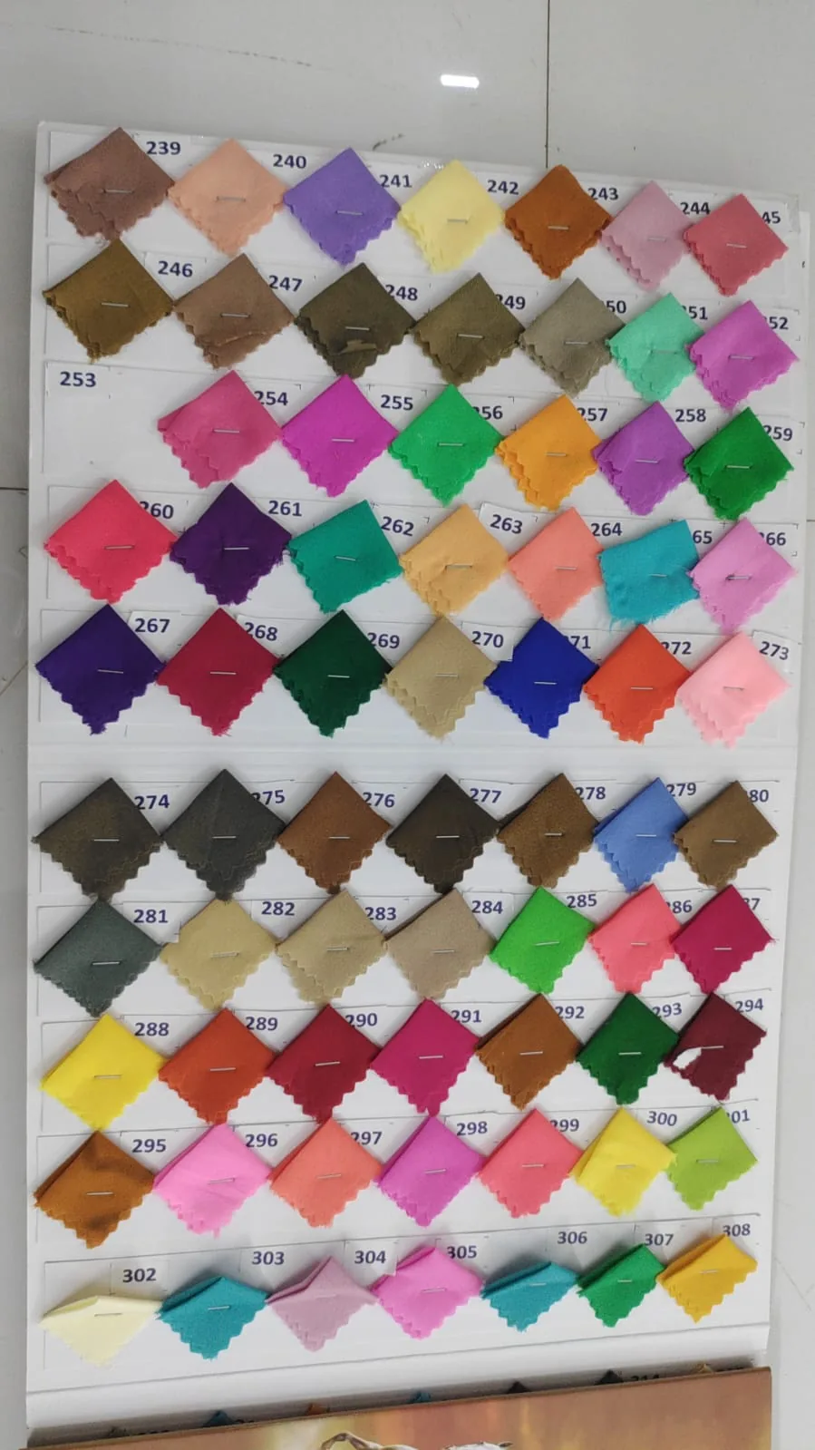 Poly Micro Astar shade card, later section with numbered fabric swatches